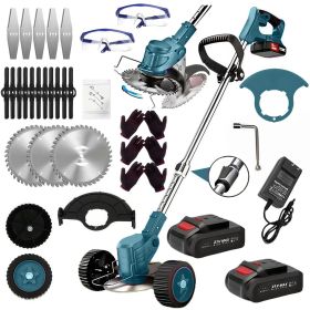 21V Electric Weed Eater With Wheels,Cordless Battery Weed Wacker With Charger, 2Batteries,3 In 1 Brush Cutter String Trimmer Grass Trimmer Lawn M (Option: Blue)